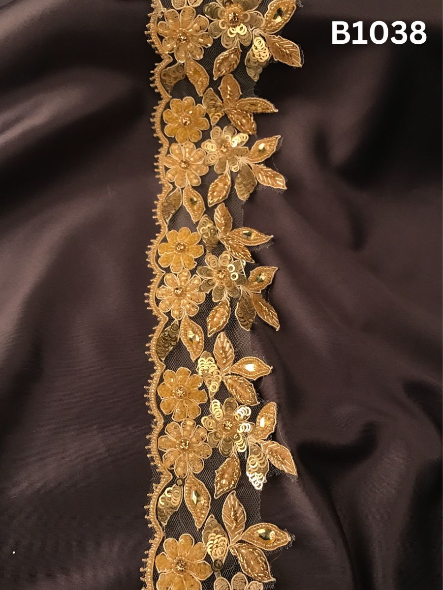 #B1038 Luxurious Hand-Beaded Trim with Intricate Floral Design