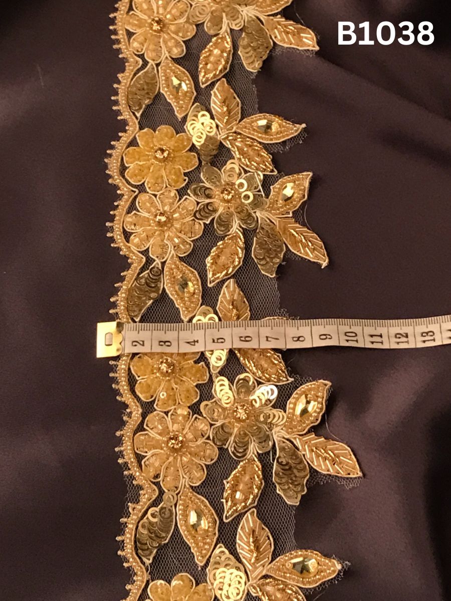 #B1038 Luxurious Hand-Beaded Trim with Intricate Floral Design