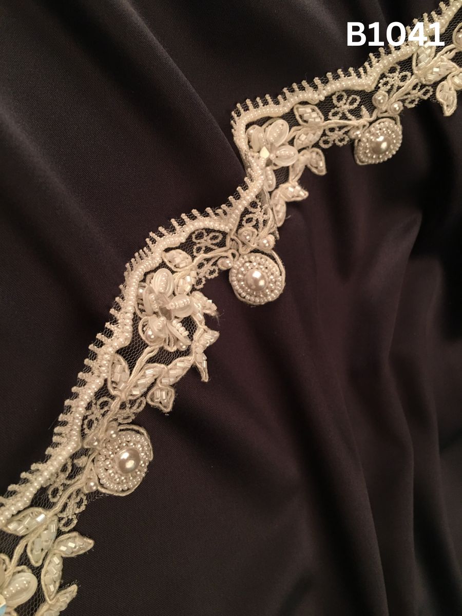 #B1041 Elegant Hand-Beaded Trim in Floral Design – Intricately Embellished with Exotic Beads