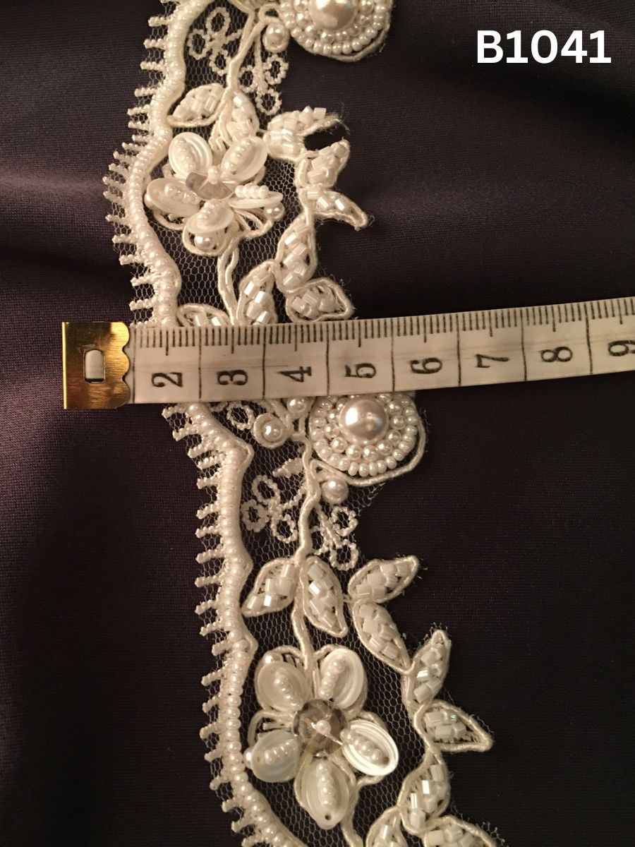 #B1041 Elegant Hand-Beaded Trim in Floral Design – Intricately Embellished with Exotic Beads