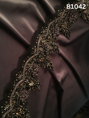 #B1042 Dramatic Hand-Beaded Trim in Asymmetric Design – Lavishly Embellished with Exotic Beads and Sequins for High Fashion, Couture Detailing, and Statement Embellishments