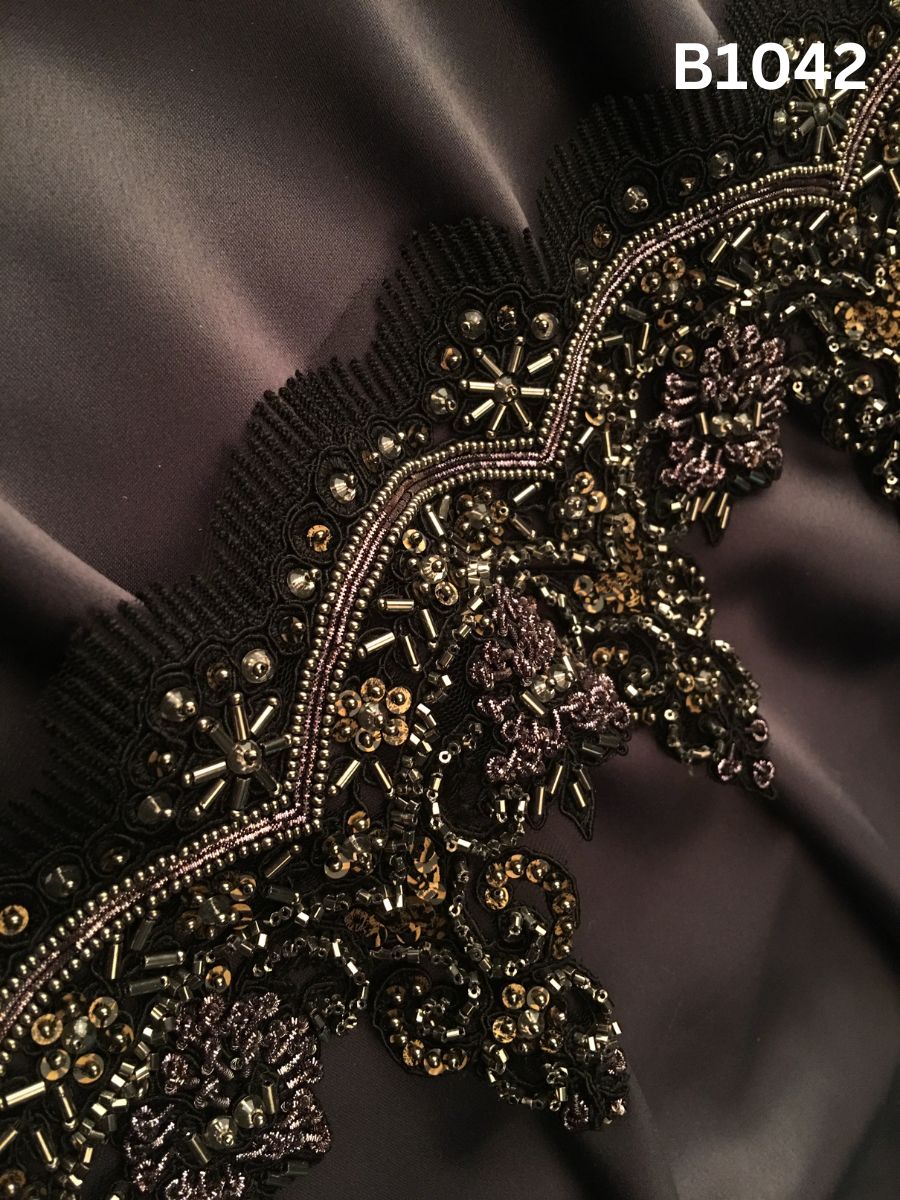 #B1042 Dramatic Hand-Beaded Trim in Asymmetric Design – Lavishly Embellished with Exotic Beads and Sequins for High Fashion, Couture Detailing, and Statement Embellishments