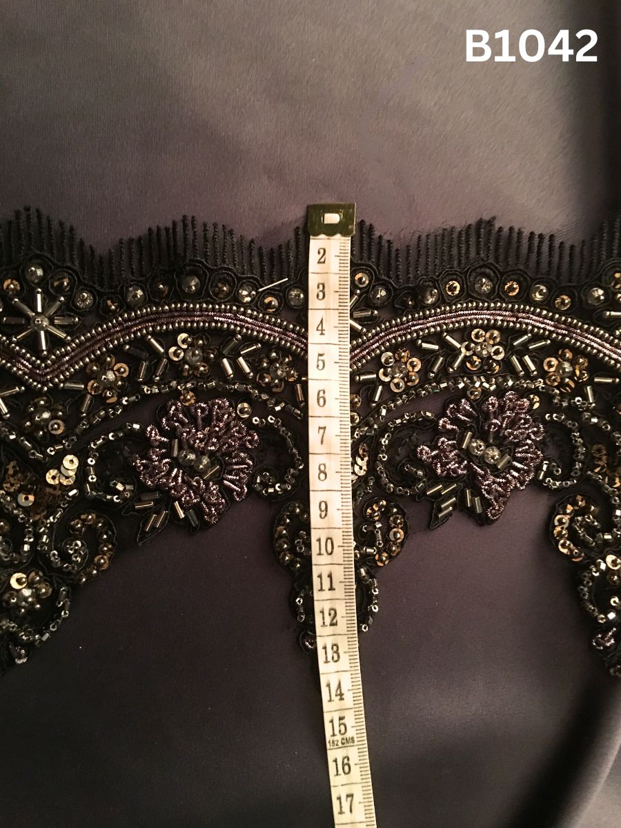 #B1042 Dramatic Hand-Beaded Trim in Asymmetric Design – Lavishly Embellished with Exotic Beads and Sequins for High Fashion, Couture Detailing, and Statement Embellishments