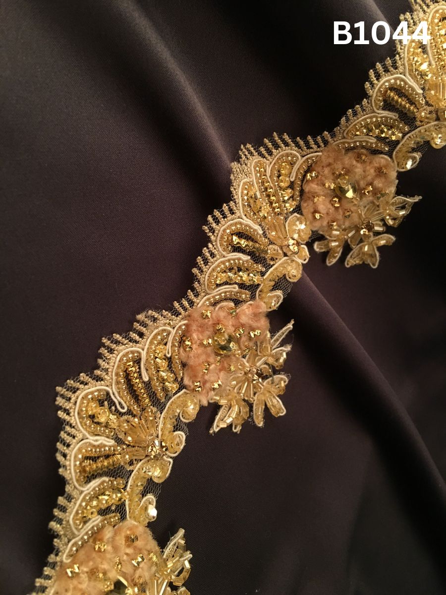 #B1044 Striking Hand-Beaded Trim in Asymmetric Design – Artfully Embellished with Beads, Sparkling Rhinestones, and Sequins