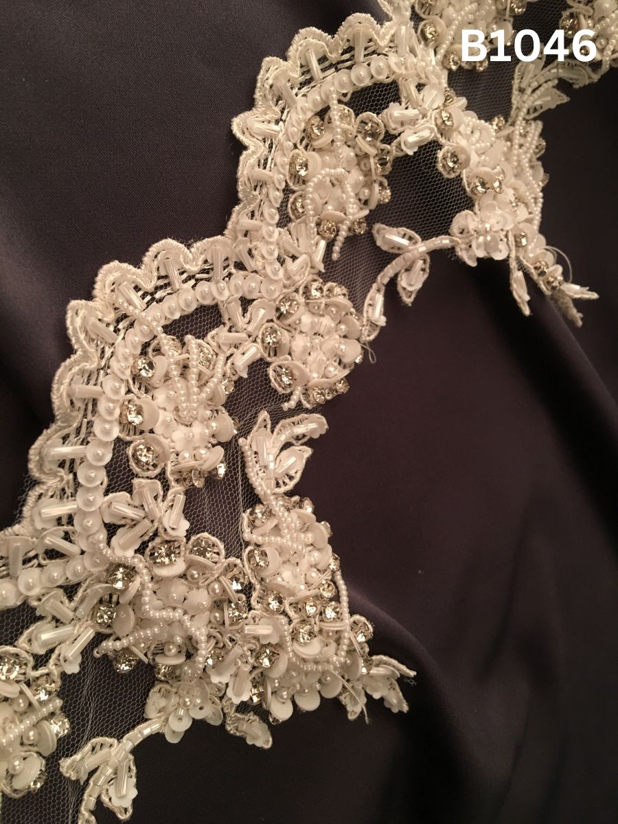 #B1046 Exquisite Hand-Beaded Trim in Floral Design – Richly Embellished with Exotic Beads, Rhinestones, Sequins, and Pearls