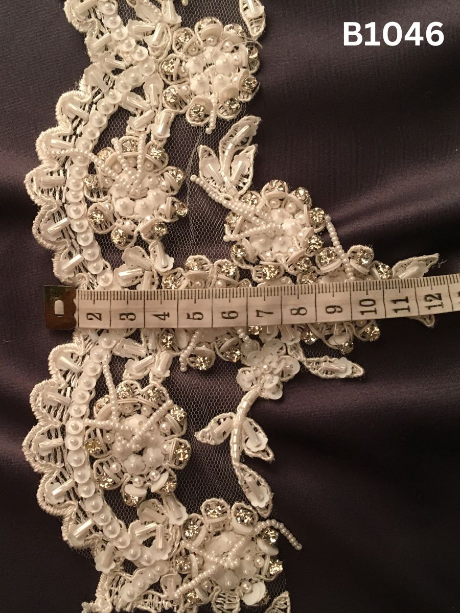 #B1046 Exquisite Hand-Beaded Trim in Floral Design – Richly Embellished with Exotic Beads, Rhinestones, Sequins, and Pearls
