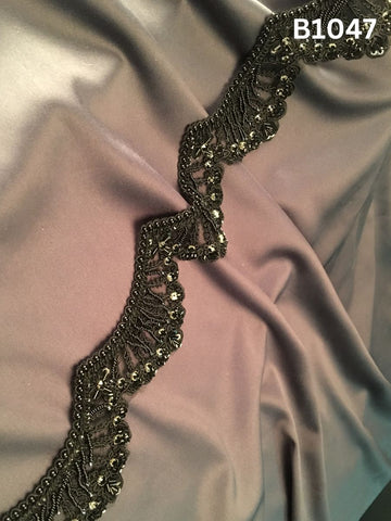 #B1047 Luxurious Hand-Beaded Trim in Black Asymmetric Design – Expertly Embellished with Exotic Beads, Sparkling Rhinestones, and Shimmering Sequins for Couture, Eveningwear, and Statement Fashion