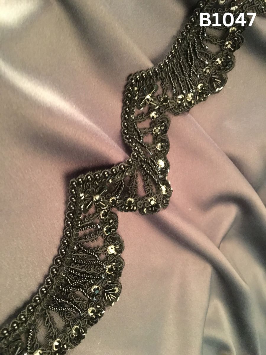 #B1047 Luxurious Hand-Beaded Trim in Black Asymmetric Design – Expertly Embellished with Exotic Beads, Sparkling Rhinestones, and Shimmering Sequins for Couture, Eveningwear, and Statement Fashion