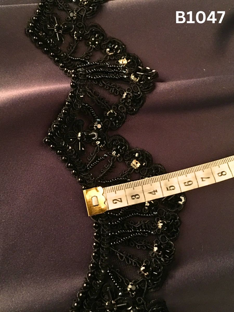 #B1047 Luxurious Hand-Beaded Trim in Black Asymmetric Design – Expertly Embellished with Exotic Beads, Sparkling Rhinestones, and Shimmering Sequins for Couture, Eveningwear, and Statement Fashion