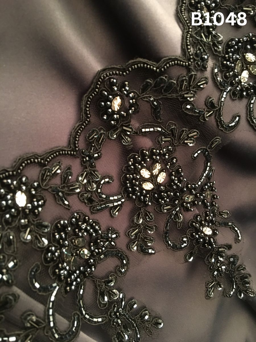 #B1048 Elegant Hand-Beaded Trim in Floral Design – Lavishly Embellished with Exotic Beads, Rhinestones, and Sequins for Haute Couture, Eveningwear, and Luxury Fashion Detailing