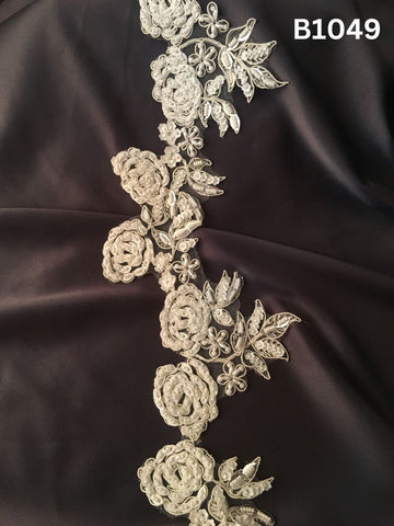 #B1049 Elegant Hand-Beaded Trim in Floral Design – Finely Embellished with Exotic Beads, Tube Beads, and Pearls
