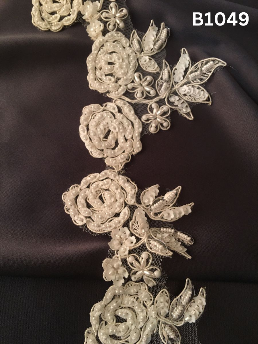 #B1049 Elegant Hand-Beaded Trim in Floral Design – Finely Embellished with Exotic Beads, Tube Beads, and Pearls