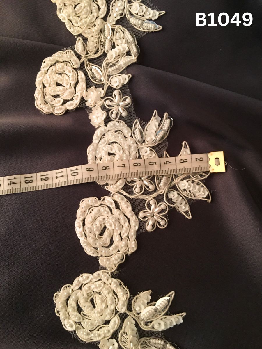 #B1049 Elegant Hand-Beaded Trim in Floral Design – Finely Embellished with Exotic Beads, Tube Beads, and Pearls