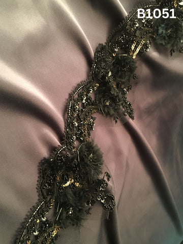 #B1051 Elegant Hand-Beaded Trim in Floral Design – Luxuriously Embellished with Beads, Feathers, and Sequins for Haute Couture, Eveningwear, and Statement Embellishments