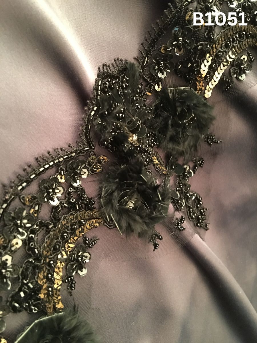 #B1051 Elegant Hand-Beaded Trim in Floral Design – Luxuriously Embellished with Beads, Feathers, and Sequins for Haute Couture, Eveningwear, and Statement Embellishments