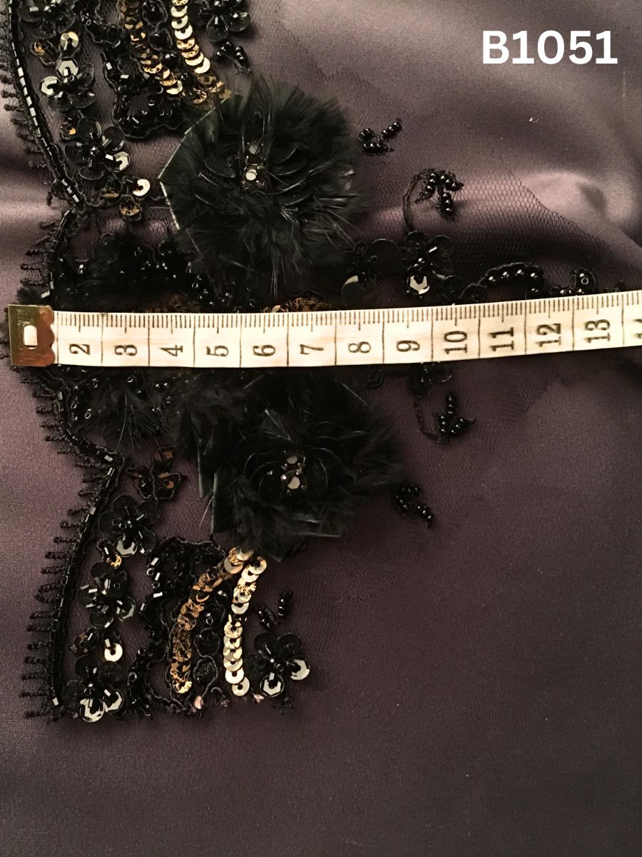 #B1051 Elegant Hand-Beaded Trim in Floral Design – Luxuriously Embellished with Beads, Feathers, and Sequins for Haute Couture, Eveningwear, and Statement Embellishments