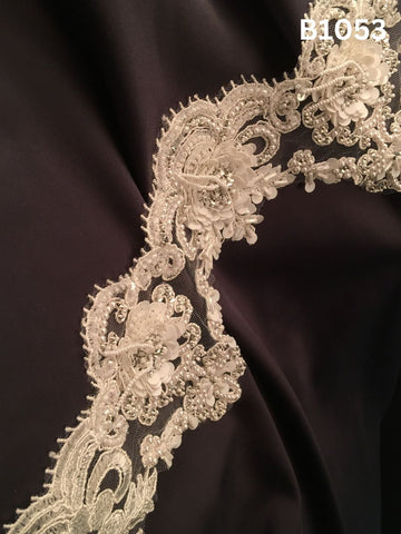 #B1053 Delicate Hand-Beaded Trim in Floral Design – Intricately Embellished with Beads, Rhinestones, Sequins, and Pearls for Bridal, Couture, and Luxury Fashion Accents