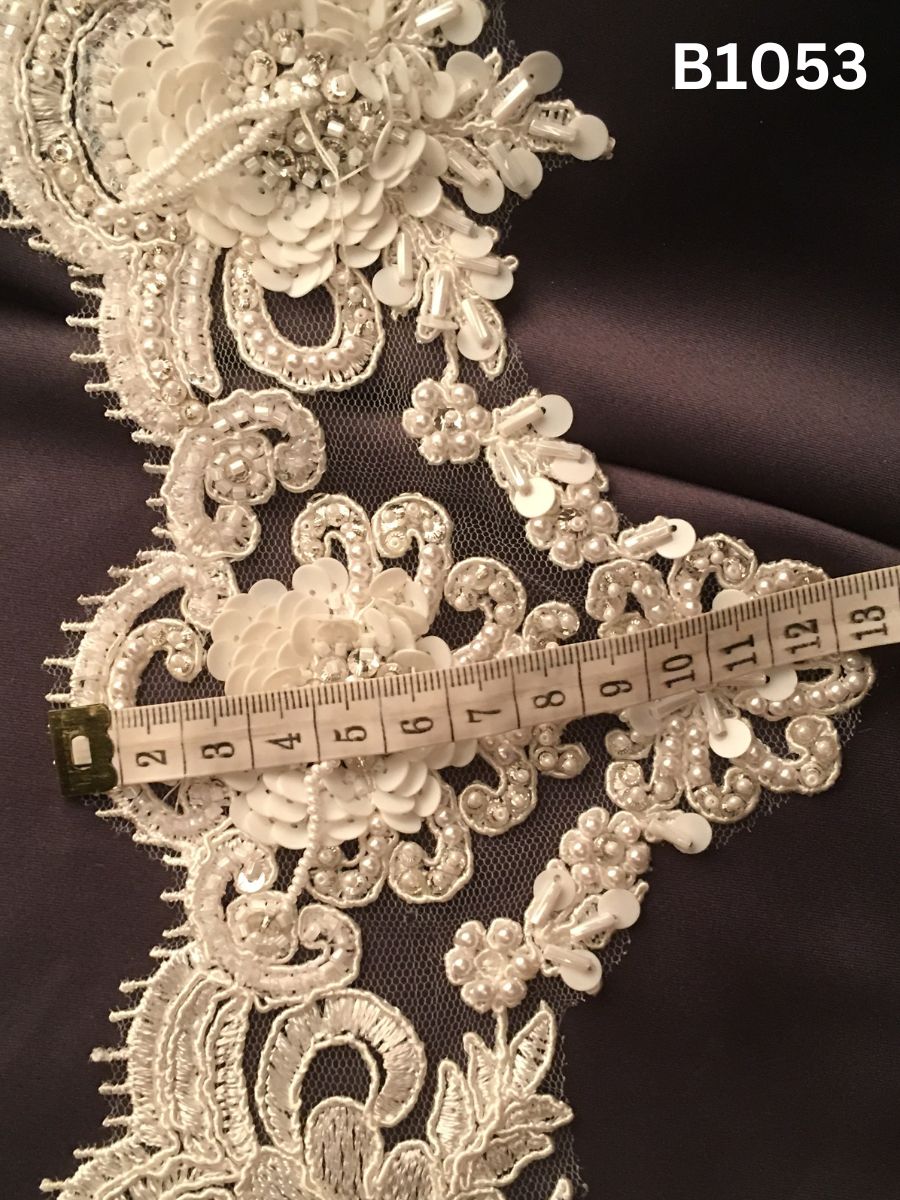 #B1053 Delicate Hand-Beaded Trim in Floral Design – Intricately Embellished with Beads, Rhinestones, Sequins, and Pearls for Bridal, Couture, and Luxury Fashion Accents
