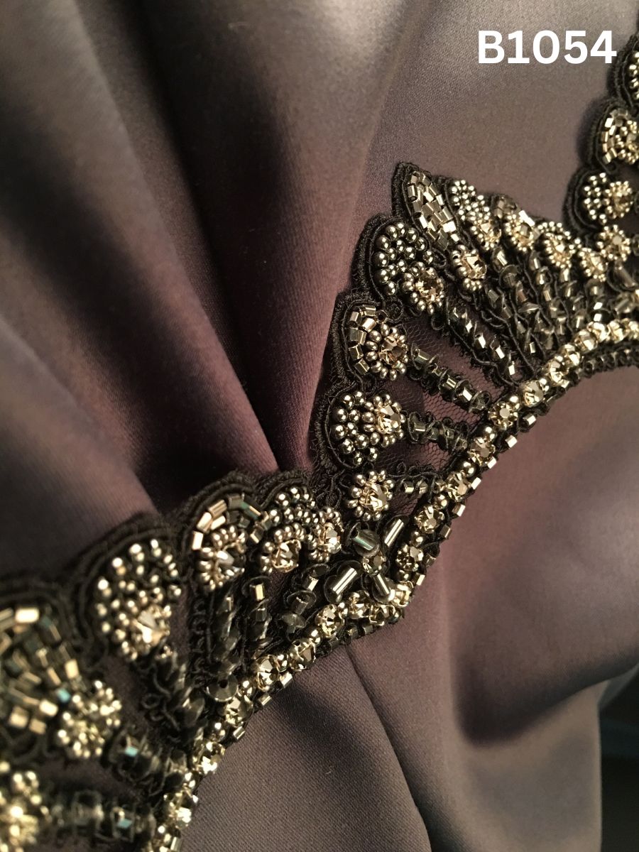 #B1054 Luxurious Hand-Beaded Trim in Asymmetric Design – Intricately Embellished with Beads, Rhinestones, and Sequins for Couture, Eveningwear, and High-Fashion Detailing
