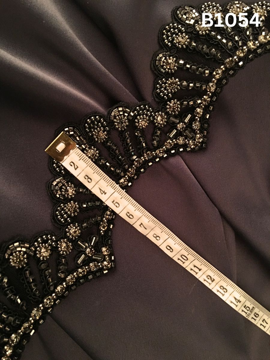 #B1054 Luxurious Hand-Beaded Trim in Asymmetric Design – Intricately Embellished with Beads, Rhinestones, and Sequins for Couture, Eveningwear, and High-Fashion Detailing