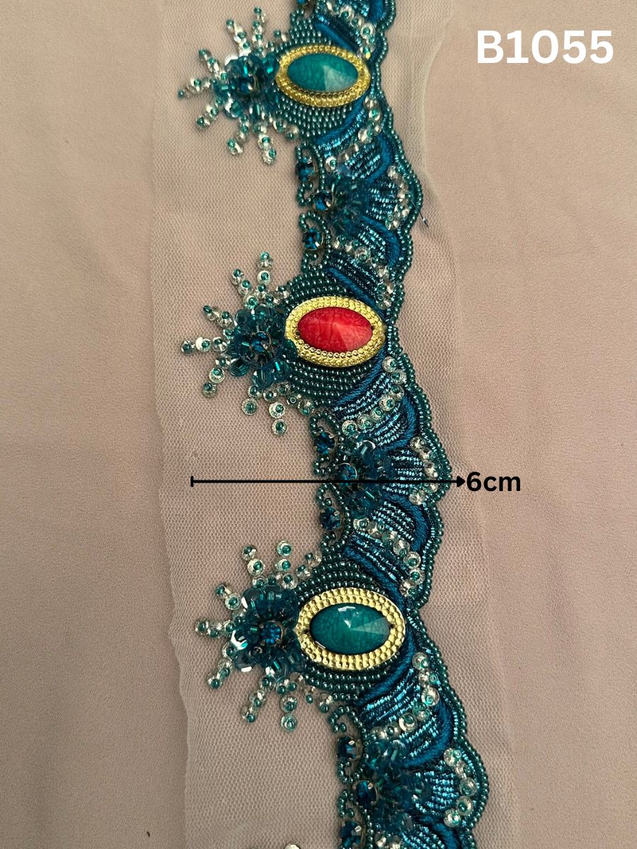 #B1055 Exquisite Hand-Beaded Abstract Design Trim with Sequins, Beads, and Rhinestones