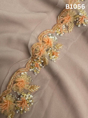 #B1056 Elegant Hand-Beaded Floral Design Trim with Sequins and Beads