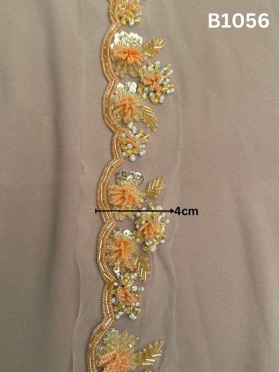 #B1056 Elegant Hand-Beaded Floral Design Trim with Sequins and Beads