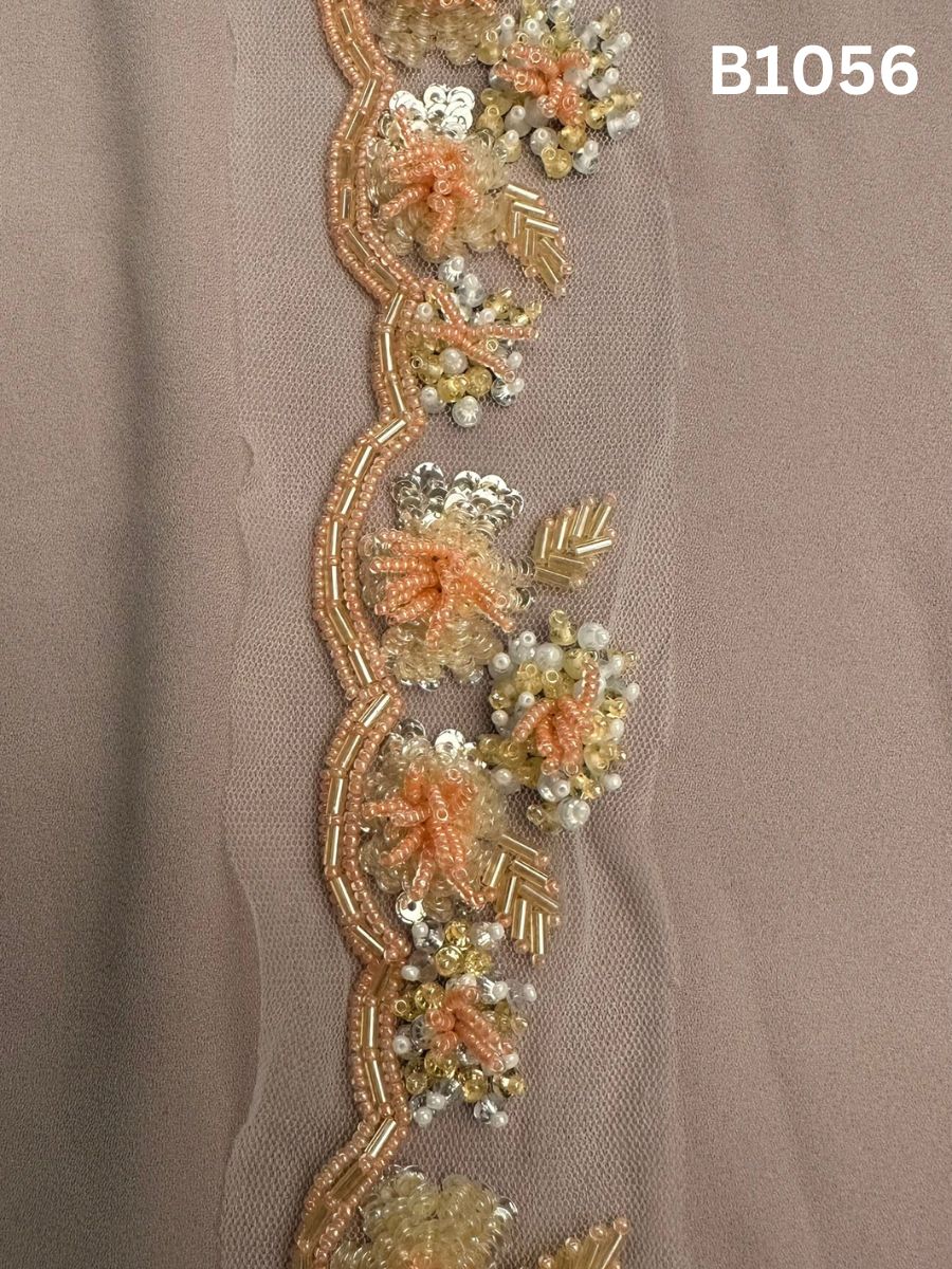 #B1056 Elegant Hand-Beaded Floral Design Trim with Sequins and Beads