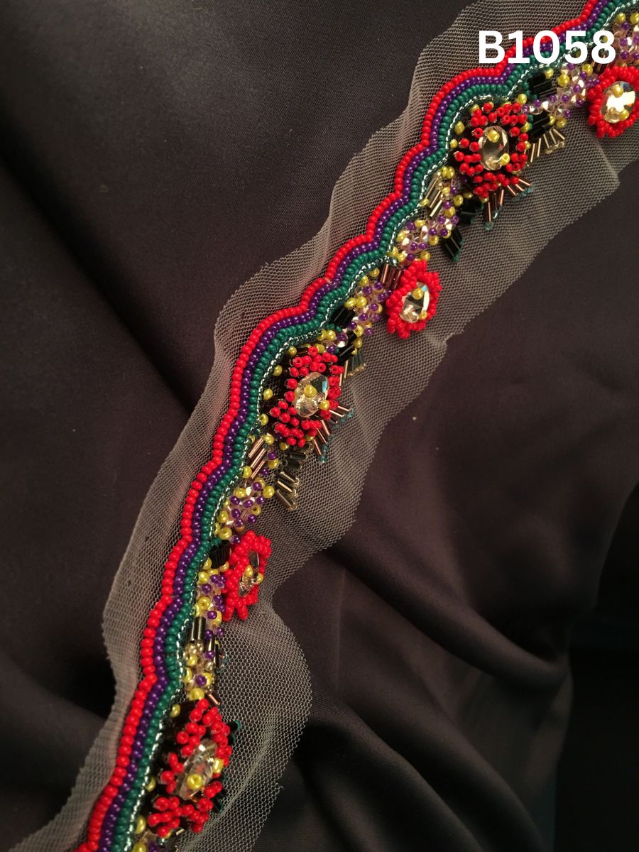 #B1058 Vibrant Hand-Beaded Trim in Floral Design – Exquisitely Embellished with Rhinestones and Beads for Bridal, Couture, and High-Fashion Accents