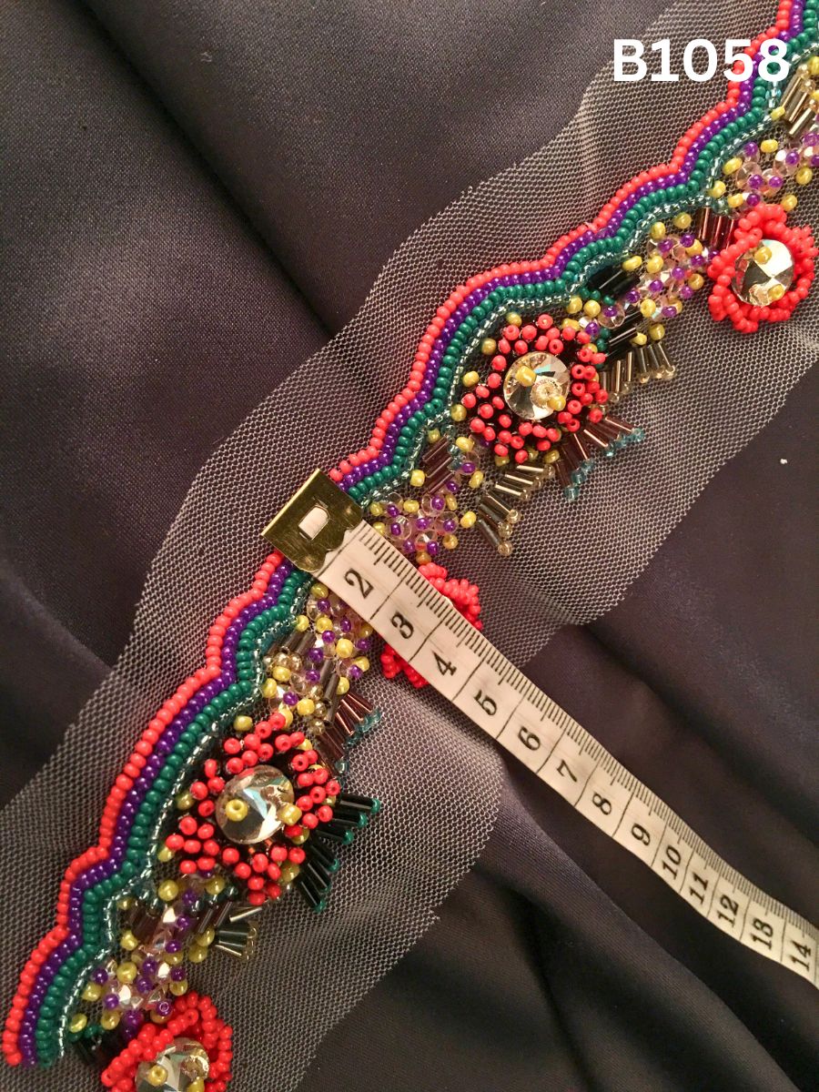 #B1058 Vibrant Hand-Beaded Trim in Floral Design – Exquisitely Embellished with Rhinestones and Beads for Bridal, Couture, and High-Fashion Accents