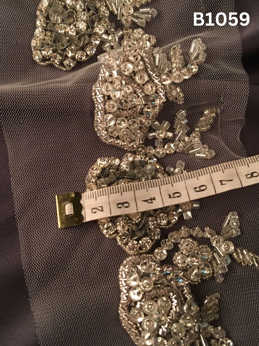 #B1059 Elegant Hand-Beaded Trim in Floral Design – Intricately Embellished with Sparkling Rhinestones and Fine Beads for Bridal, Couture, and Luxury Fashion Projects
