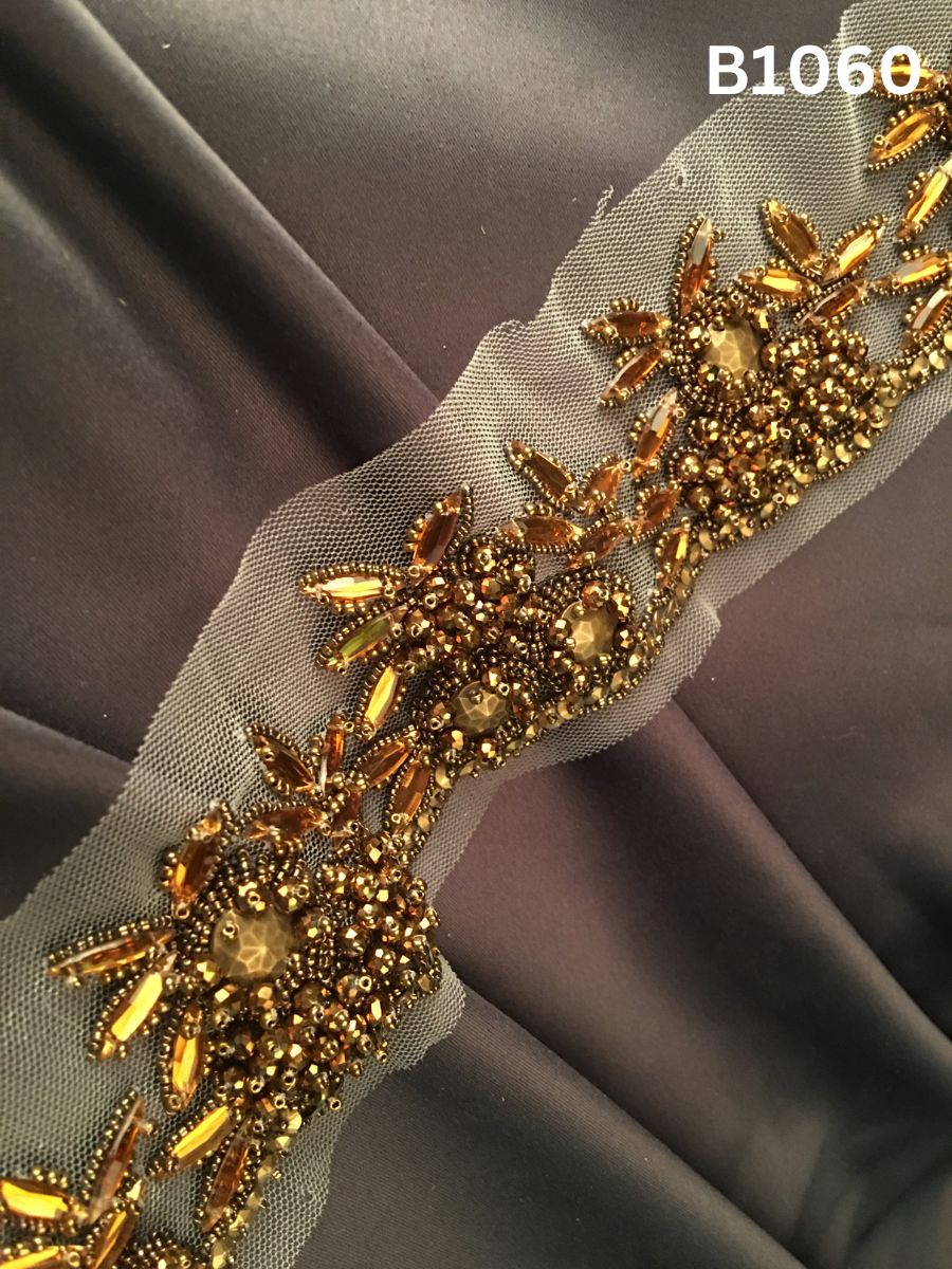 #B1060 Opulent Hand-Beaded Trim in Floral Design – Lavishly Embellished with Rhinestones, Beads, and Sequins for Bridal, Couture, and Luxury Fashion Creations