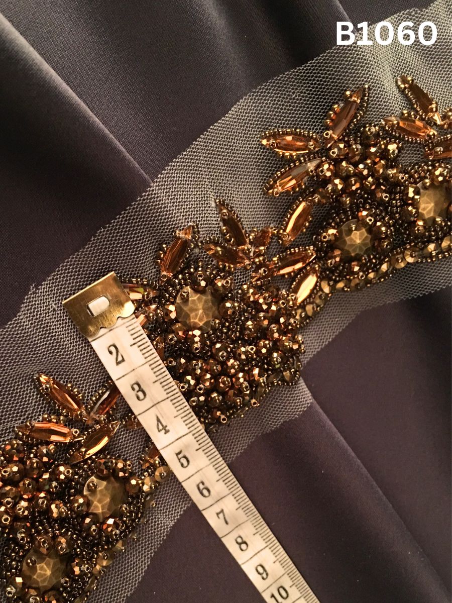 #B1060 Opulent Hand-Beaded Trim in Floral Design – Lavishly Embellished with Rhinestones, Beads, and Sequins for Bridal, Couture, and Luxury Fashion Creations