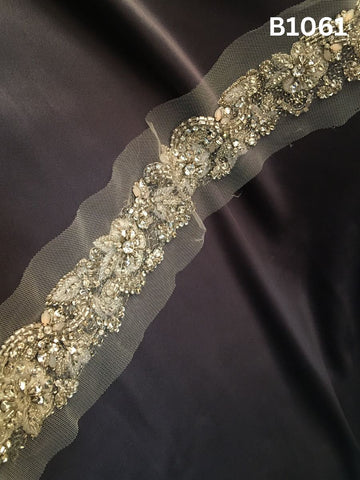 #B1061 Delicate Hand-Beaded Trim in Floral Design – Exquisitely Embellished with Crystals, Beads, Rhinestones, and Sequins for Bridal, Couture, and Luxury Fashion Applications
