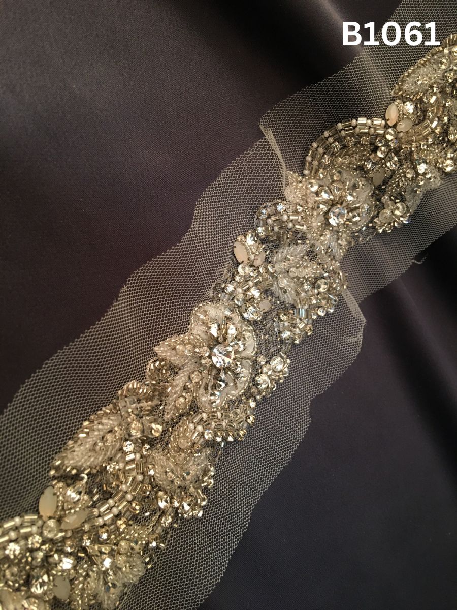 #B1061 Delicate Hand-Beaded Trim in Floral Design – Exquisitely Embellished with Crystals, Beads, Rhinestones, and Sequins for Bridal, Couture, and Luxury Fashion Applications