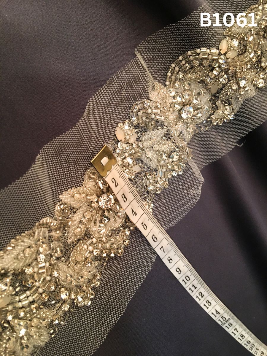 #B1061 Delicate Hand-Beaded Trim in Floral Design – Exquisitely Embellished with Crystals, Beads, Rhinestones, and Sequins for Bridal, Couture, and Luxury Fashion Applications