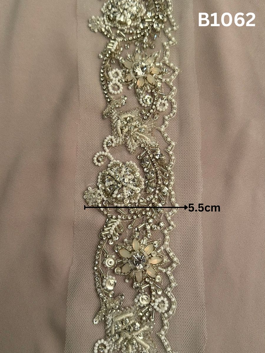 #B1062 Elegant Hand-Beaded Floral Design Trim with Beads, Pearls, and Rhinestones