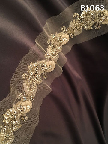 #B1063 Elegant Hand-Beaded Trim in Floral Design – Lavishly Embellished with Appliqués, Sequins, Rhinestones, Crystals, and Beads for Bridal, Couture, and Luxury Fashion Accents