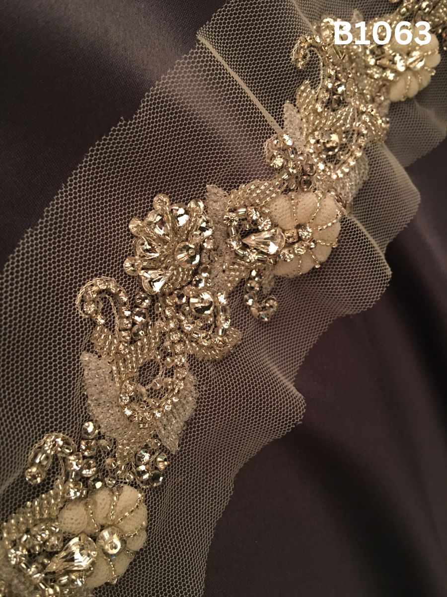 #B1063 Elegant Hand-Beaded Trim in Floral Design – Lavishly Embellished with Appliqués, Sequins, Rhinestones, Crystals, and Beads for Bridal, Couture, and Luxury Fashion Accents