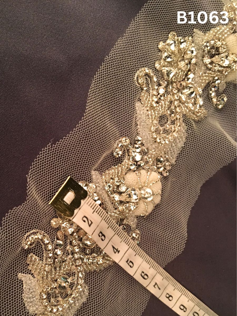 #B1063 Elegant Hand-Beaded Trim in Floral Design – Lavishly Embellished with Appliqués, Sequins, Rhinestones, Crystals, and Beads for Bridal, Couture, and Luxury Fashion Accents