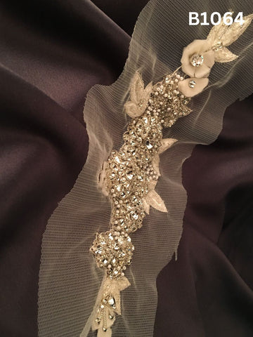 #B1064 Exquisite Hand-Beaded Trim in Floral Design – Lavishly Embellished with Pearls, Beads, Appliqué, Rhinestones, Crystals, and Sequins for Bridal, Couture, and Luxury Garments