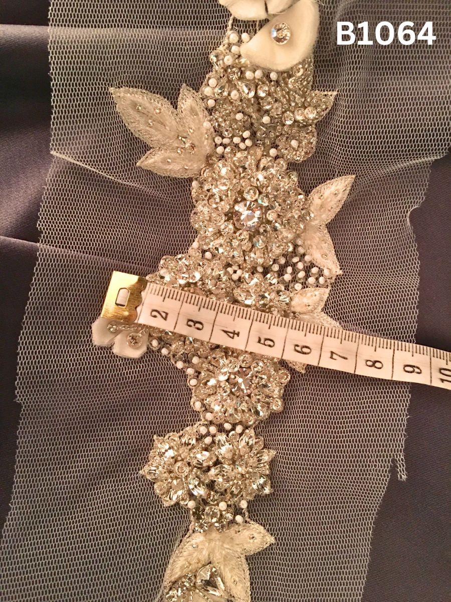 #B1064 Exquisite Hand-Beaded Trim in Floral Design – Lavishly Embellished with Pearls, Beads, Appliqué, Rhinestones, Crystals, and Sequins for Bridal, Couture, and Luxury Garments