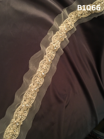 #B1066 Luxurious Hand-Beaded Trim in Floral Design – Exquisitely Embellished with Pearls, Beads, Appliqué, Rhinestones, and Crystals for Bridal and Couture Fashion