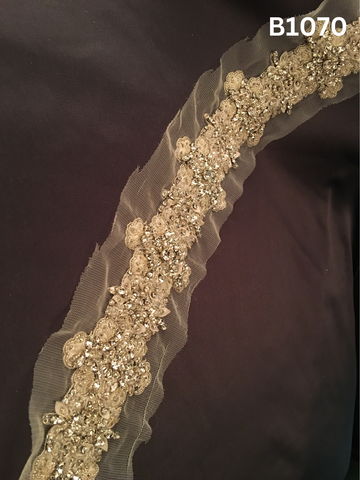 #B1070 Elegant Hand-Beaded Trim in Floral Design – Delicately Embellished with Sequins, Beads, Appliqué, and Rhinestones for Bridal, Couture, and Luxury Fashion Accents