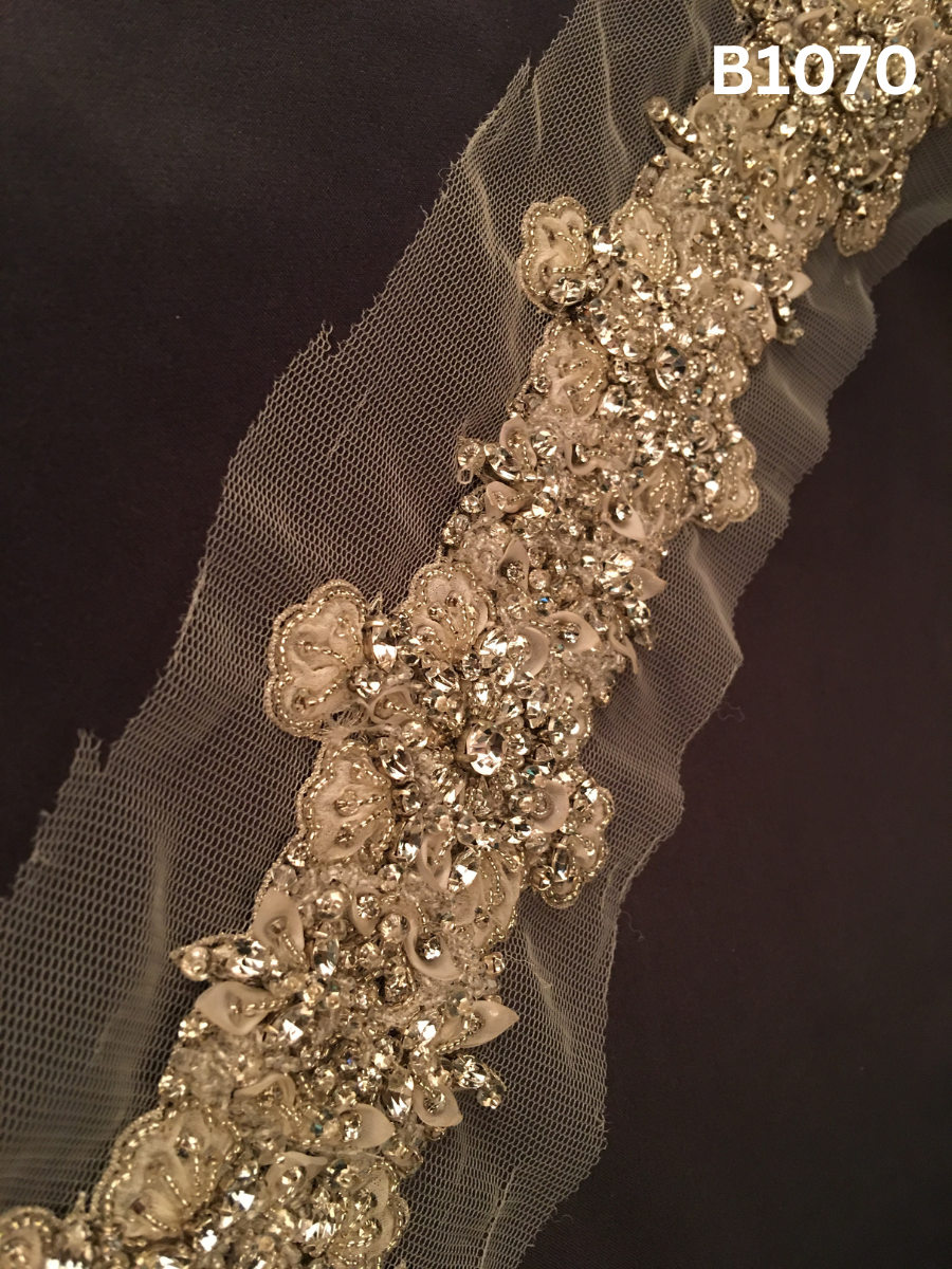 #B1070 Elegant Hand-Beaded Trim in Floral Design – Delicately Embellished with Sequins, Beads, Appliqué, and Rhinestones for Bridal, Couture, and Luxury Fashion Accents