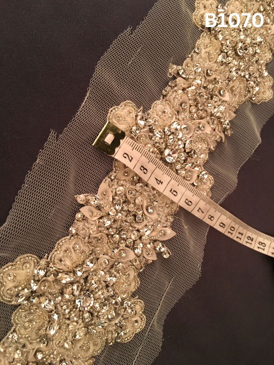 #B1070 Elegant Hand-Beaded Trim in Floral Design – Delicately Embellished with Sequins, Beads, Appliqué, and Rhinestones for Bridal, Couture, and Luxury Fashion Accents
