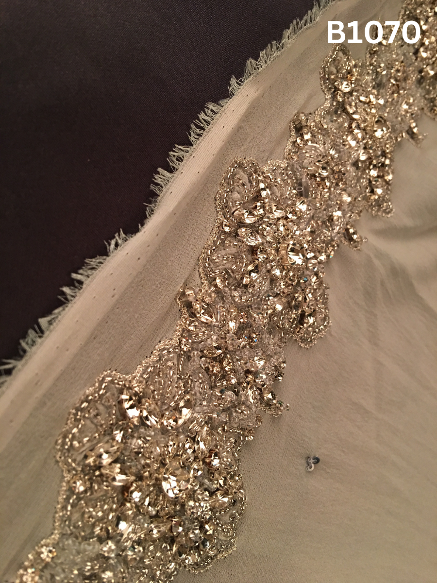 #B1070 Elegant Hand-Beaded Trim in Floral Design – Delicately Embellished with Sequins, Beads, Appliqué, and Rhinestones for Bridal, Couture, and Luxury Fashion Accents