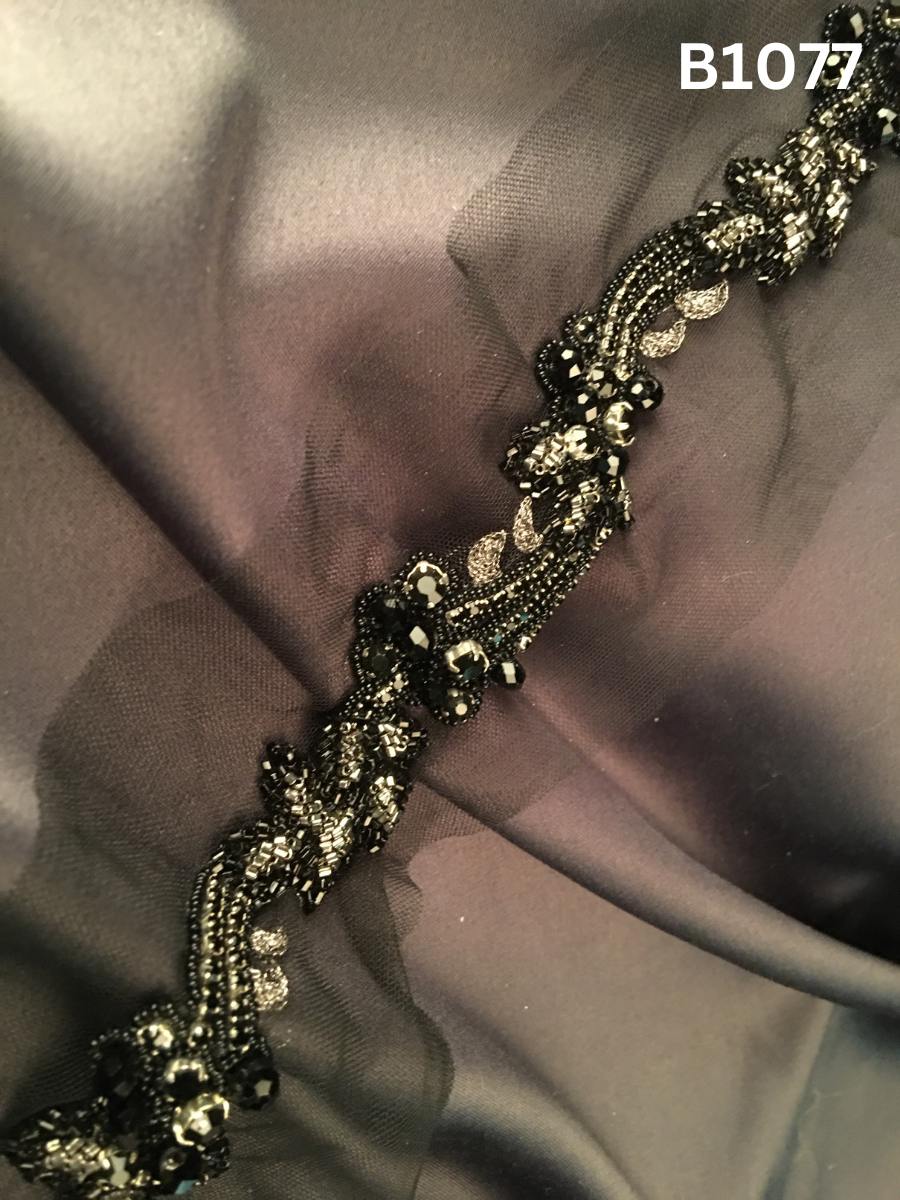 #B1077 Elegant Hand-Beaded Trim in Floral Design