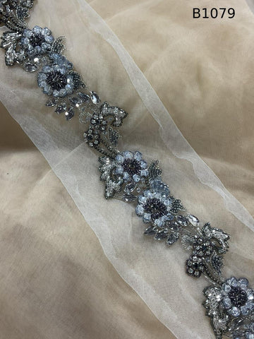 #B1079 Elegant Floral Design Trim Beaded with Crystals, Beads, and Rhinestones – A Luxurious Embellishment for Couture Fashion, Bridal, Evening Wear