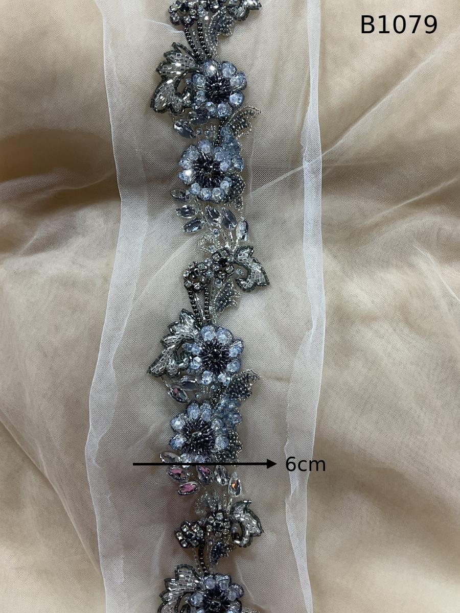 #B1079 Elegant Floral Design Trim Beaded with Crystals, Beads, and Rhinestones – A Luxurious Embellishment for Couture Fashion, Bridal, Evening Wear